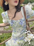 Ndyad floral pastoral style puff sleeve square neck dress HZ1024