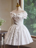 Ndyad Off Shoulder Satin White Short Prom Dress, White Homecoming Dress HZ1024