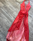 Ndyad Halter Sheath Chiffon Satin Beaded Long Prom Dress Backless Red Formal Evening Dress HZ1024