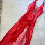 Ndyad Halter Sheath Chiffon Satin Beaded Long Prom Dress Backless Red Formal Evening Dress HZ1024