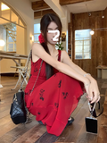 Ndyad retro red V-neck floral vest long skirt HZ1024