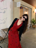 Ndyad retro red V-neck floral vest long skirt HZ1024