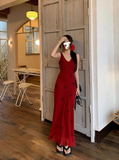 Ndyad retro red V-neck floral vest long skirt HZ1024