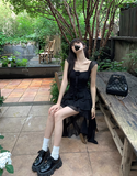 Ndyad Square Neck Black Ruffle Suspender Dress HZ1024