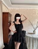 Ndyad Square Neck Black Ruffle Suspender Dress HZ1024