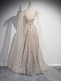 Ndyad Scoop Neckline Tulle Champagne Long Prom Dress, Champagne Sequin Evening Dress HZ1024