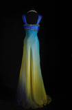 Ndyad V-neck Sheath Tulle Long Prom Dresses Yellow /Blue Formal Evening Dresses HZ1024