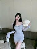 Ndyad blue sexy hot girl style mesh long sleeves U-neck off-shoulder hip skirt HZ1024