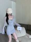 Ndyad blue sexy hot girl style mesh long sleeves U-neck off-shoulder hip skirt HZ1024