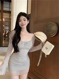 Ndyad blue sexy hot girl style mesh long sleeves U-neck off-shoulder hip skirt HZ1024