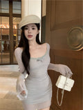 Ndyad blue sexy hot girl style mesh long sleeves U-neck off-shoulder hip skirt HZ1024
