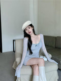 Ndyad blue sexy hot girl style mesh long sleeves U-neck off-shoulder hip skirt HZ1024