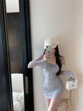 Ndyad blue sexy hot girl style mesh long sleeves U-neck off-shoulder hip skirt HZ1024