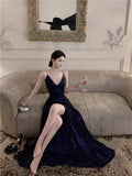 Ndyad Blue Spaghetti Strap A-Line V-Neck Sequined Long Prom Dress, Adult Ceremony Graduation Evening dress HZ1024
