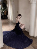 Ndyad Blue Spaghetti Strap A-Line V-Neck Sequined Long Prom Dress, Adult Ceremony Graduation Evening dress HZ1024