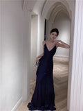 Ndyad Blue Spaghetti Strap A-Line V-Neck Sequined Long Prom Dress, Adult Ceremony Graduation Evening dress HZ1024