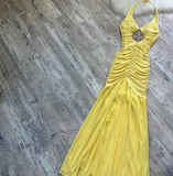 Ndyad Halter Mermaid Chiffon Satin Long Prom Dresses, Yellow Formal Evening Dresses HZ1024