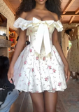 Ndyad Off-the-shoulder A-line Floral Short Prom Dresses, Floral Homecoming Dresses Sweet Birthday Dresses HZ1024