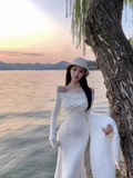 Ndyad style one-shoulder white long-sleeved knitted fishtail dress HZ1024