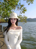 Ndyad style one-shoulder white long-sleeved knitted fishtail dress HZ1024