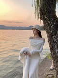 Ndyad style one-shoulder white long-sleeved knitted fishtail dress HZ1024