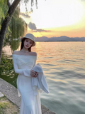 Ndyad style one-shoulder white long-sleeved knitted fishtail dress HZ1024