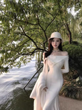 Ndyad style one-shoulder white long-sleeved knitted fishtail dress HZ1024