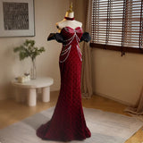 Ndyad Sweetheart Neck Velvet Beads Long Prom Dress Burgundy Wedding Guest Dress Pretty Birthday Dress HZ1024