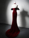 Ndyad Sweetheart Neck Velvet Beads Long Prom Dress Burgundy Wedding Guest Dress Pretty Birthday Dress HZ1024