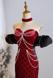 Ndyad Sweetheart Neck Velvet Beads Long Prom Dress Burgundy Wedding Guest Dress Pretty Birthday Dress HZ1024