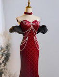 Ndyad Sweetheart Neck Velvet Beads Long Prom Dress Burgundy Wedding Guest Dress Pretty Birthday Dress HZ1024