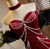 Ndyad Sweetheart Neck Velvet Beads Long Prom Dress Burgundy Wedding Guest Dress Pretty Birthday Dress HZ1024