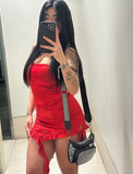 Ndyad Strapless Bodycon Satin Short Prom Dresses, Burgundy Homecoming Dresses HZ1024