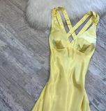 Ndyad A-Line Yellow Formal Dresses, V Neck A-Line Long Guest Dresses, Open Back Evening Gowns HZ1024