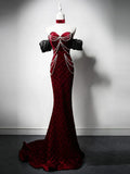Ndyad Sweetheart Neck Velvet Beads Long Prom Dress Burgundy Wedding Guest Dress Pretty Birthday Dress HZ1024