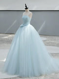 Ndyad Satin Tulle Blue Long Prom Dress, Blue Long Formal Dress HZ1024