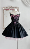 Ndyad A-Line Black Hoco Dresses Satin Spaghetti Straps Short Prom Dresses HZ1024