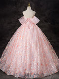 Ndyad Off Shoulder Tulle Lace Pink Long Prom Dress, Pink Sweet 16 Dress HZ1024
