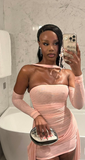 Ndyad Strapless Bodycon Homecoming Dresses Pink Birthday Dresses Chiffon Short Prom Dresses HZ1024