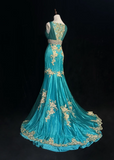 Ndyad V Neck Mermaid Long Prom Dresses Satin Applique Blue Evening Dresses HZ1024