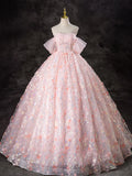 Ndyad Off Shoulder Tulle Lace Pink Long Prom Dress, Pink Sweet 16 Dress HZ1024
