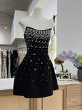 Ndyad A-Line Black Homecoming Dresses Strapless Formal Dresses Rhinestone Satin Mini Birtdhay Dresses Strapless Formal Dresses HZ1024
