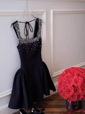 Ndyad A-Line Black Homecoming Dresses Rhinestone Satin Mini Birtdhay Dresses Square Neck Formal Dresses HZ1024