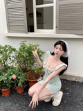 Ndyad tea break gentle floral small flying sleeve square neck dress HZ1024