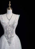 Ndyad V-neck A-Line Long Prom Dresses Tulle Sequins White Birthday Dresses Sweet 16 Dress HZ1024