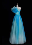 Ndyad One Shoulder A-Line Long Prom Dresses Tulle Blue Formal Dresses Sweet 16 Dress HZ1024