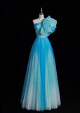 Ndyad One Shoulder A-Line Long Prom Dresses Tulle Blue Formal Dresses Sweet 16 Dress HZ1024