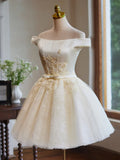 Ndyad Off Shoulder Satin Lace Short Prom Dress, Champagne Homecoming Dress HZ1024