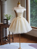 Ndyad Off Shoulder Satin Lace Short Prom Dress, Champagne Homecoming Dress HZ1024