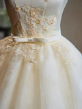 Ndyad Off Shoulder Satin Lace Short Prom Dress, Champagne Homecoming Dress HZ1024